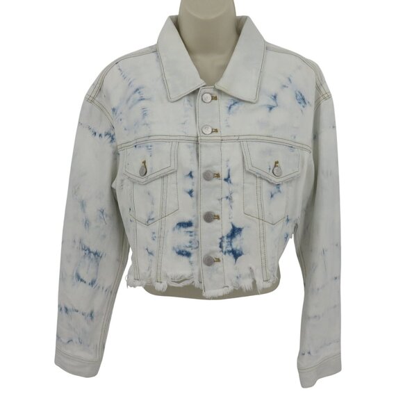 Guess Women Medium White Blue Bleached Distressed Crop Denim Jacket NEW Defects - Picture 1 of 15
